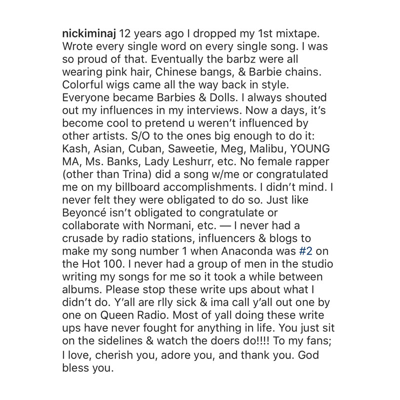 Nicki Minaj IG Caption