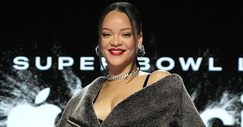 Rihanna poses onstage during the Apple Music Super Bowl LVII Halftime Show Press Conference