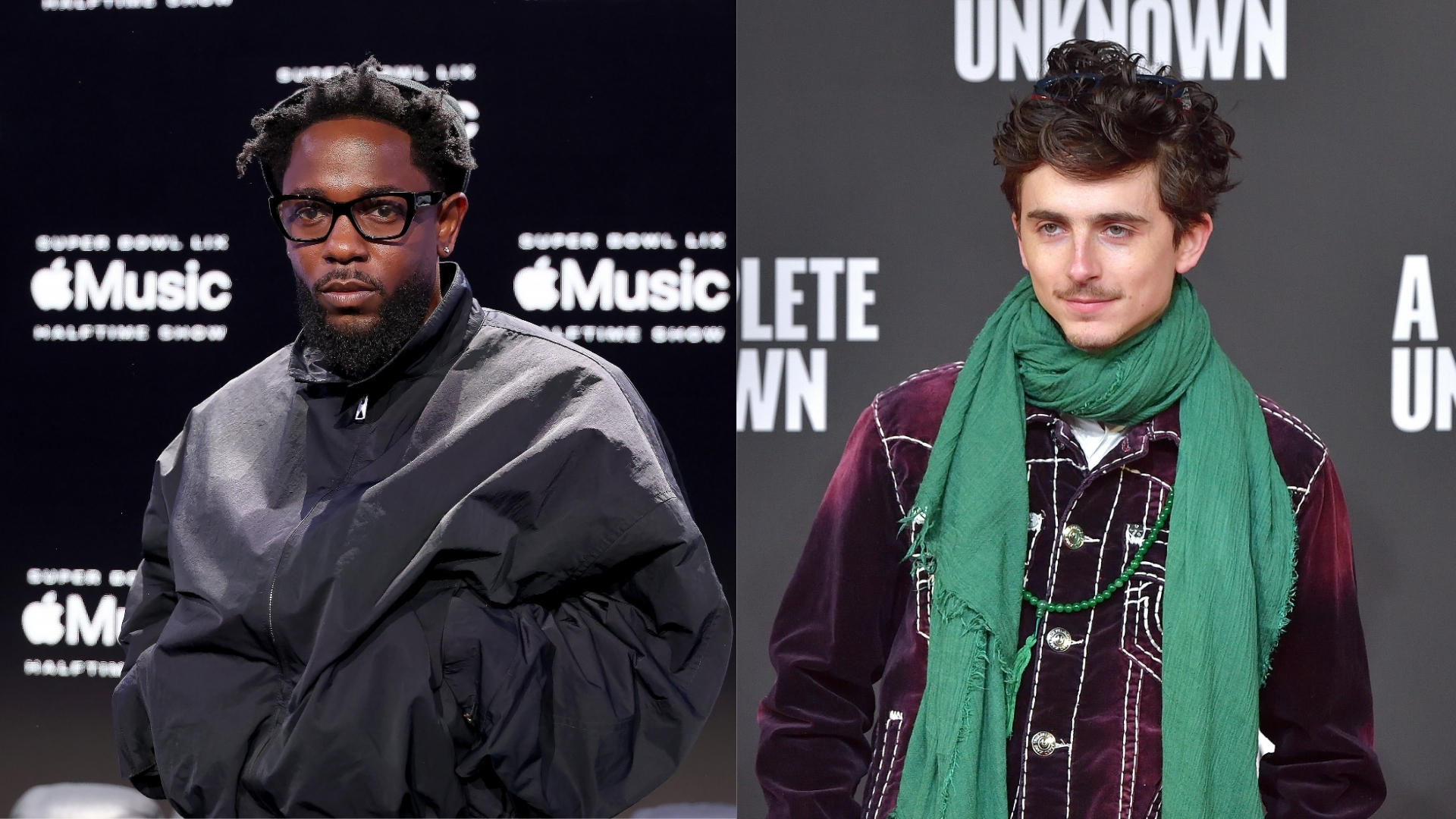 Kendrick Lamar and Timothée Chalamet Share Moments Over "The Heart Pt. 2" in Super Bowl LIX Lead-Up thumbnail